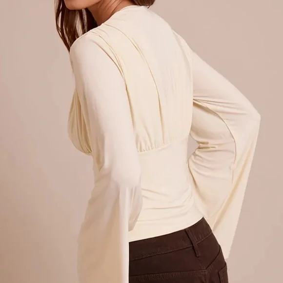 PLT Double Layer Slinky Drape Plunge Long Sleeve Top - Picture 2 of 5
